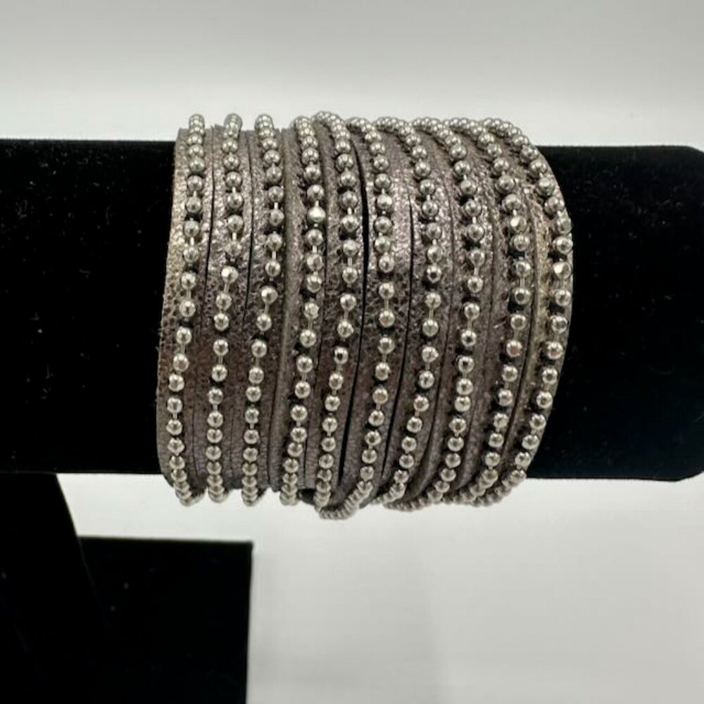 Leather and Silver Beaded Wrap Cuff